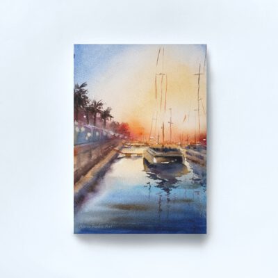 ציור קטן מקורי-נוף חופשה-ציור קטן-ציור נוף צבעי מים-אנה רדיס-ANNA RADIS ART