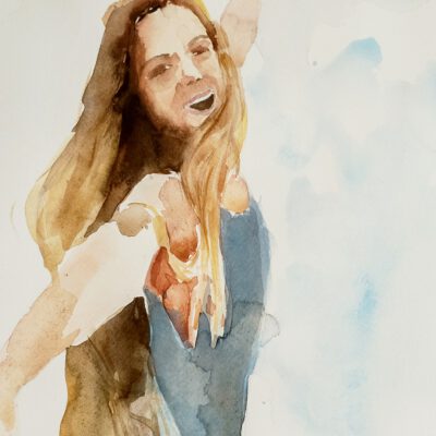 ציור מקורי-אישה שמחה-אישה שמחה בחוף הים-צבעי מים-אנה רדיס-ANNA RADIS ART