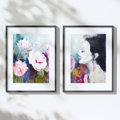 ציור דיוקן אישה מקורי-בחורה בשדה פרחים-ציור אישה-ציור דיוקן-פורטרט-אנה רדיס-ANNA RADIS ART