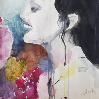 ציור מקורי-בחורה בשדה פרחים-ציור אישה-ציור דיוקן-פורטרט-אנה רדיס-ANNA RADIS ART