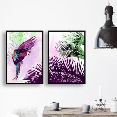 ציור ארה מקורי-יער טרופי-ציורי ציפורים-ציור תוכי-צבעי מים-אנה רדיס-ANNA RADIS ART