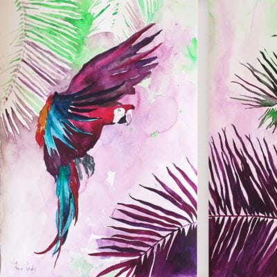 ציור מקורי-יער טרופי-ציורי ציפורים-ציור תוכי-צבעי מים-אנה רדיס-ANNA RADIS ART