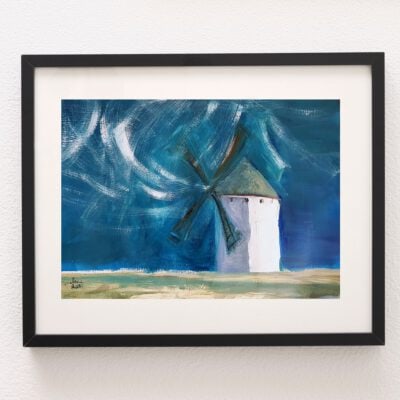 טחנת רוח של פעם ציור נוף מינימליסטי אמנות מקורית אקריליק על נייר גלריה לאמנות אנה רדיס anna radis