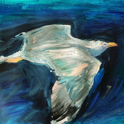 שחף ציור ציפור ציור מקורי אקריליק על נייר גלריה לאמנות ציפור עפה מעל הים הכחול אנה רדיס anna radis