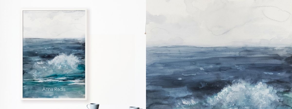 ציור ים מינימליסטי ציור מקורי אמנות ישראלית אקוורל צבעי מים נוף אבסטרקט אנה רדיס anna radis