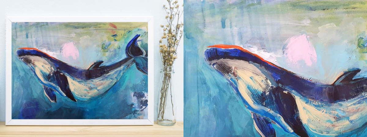 ציור לוויתן מתחת למים אמנות מקורית לוויתן כחול ציורי חיות אמנות ישראלית גלריה לאמנות אנה רדיס anna radis