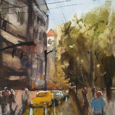 יום גשום ציור נוף מקורי אמנים אמנים ישראלים ציורים גשם עיר צבעי מים אקוורל אנה רדיס anna radis