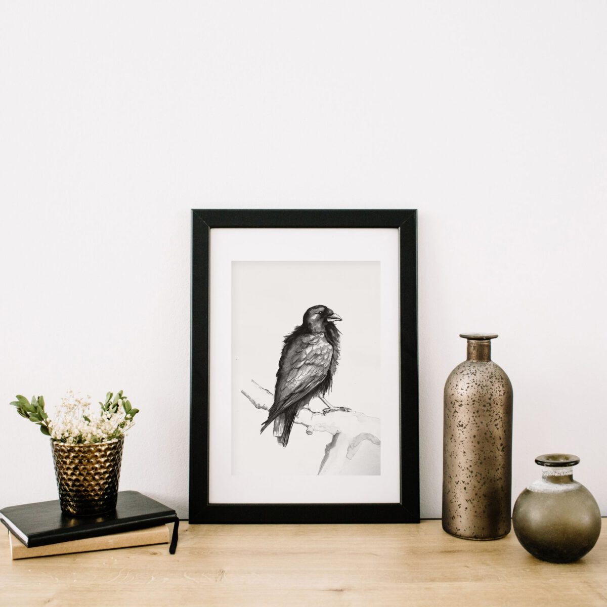 ציור עורב ציורי ציפורים ציור שחור לבן אמנות אמנות ישראלית ציורים ציפורים גלריה לאמנות אנה רידס anna radis