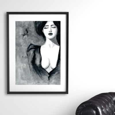 אישה בשחור לבן-פורטרט-דיוקן-ציור חושני-אמנות סקסית-צבעי מים-אמנות-אמנים ישראלים-פרינט-הדפס ציור-רפרודוקציה-אנה רדיס-ANNA RADIS