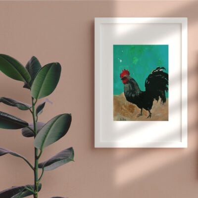 ציור תרנגול שחור-הדפס-רפרודוקתיה-פרינט-ציורי בעלי חיים-ציורים של ציפורים-אמנות מקורית-אנה רדיס-ANNA RADIS