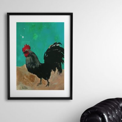 ציור תרנגול שחור-הדפס-רפרודוקתיה-פרינט-ציורי בעלי חיים-ציורים של ציפורים-אמנות מקורית-אנה רדיס-ANNA RADIS