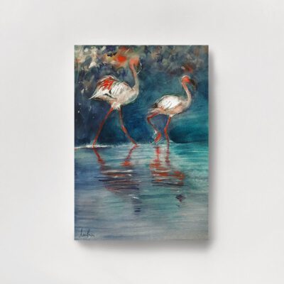 ציור זוג פלמינגו -ציורי אקוורל-ציורים מקוריים-ציורים צבבעי מים-ציורי ציפורים-אמנות ישראלית-אמנים ישראלים-אנה רדיס-ANNA RADIS