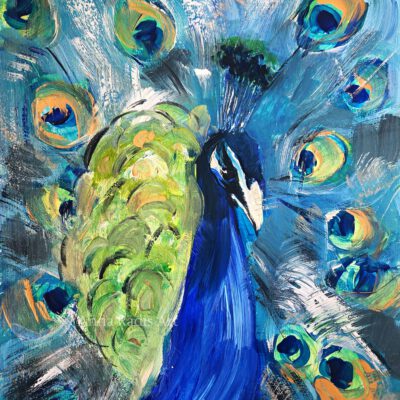 ציור טווס מקורי-טווס כחול-אמנות ישראלית-ציורים לבית-ציורי ציפורים-ציורים אנה רדיס-ANNA RADIS ART-למכירה