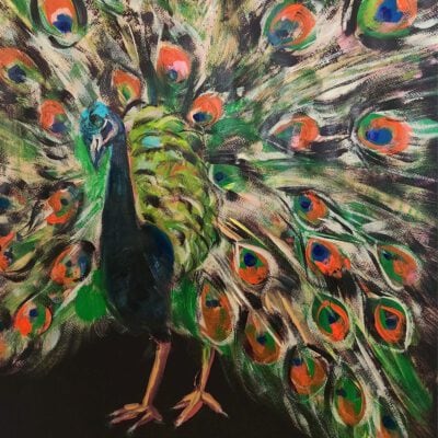 ציור חיזורי טווס- טווס שחור זהב-ציורי ציפורים-ציורי בעלי חיים-ציורים למכירה-ציורים לבית-ציורים מקוריים-אנה רידס-ANNA RADIS ART