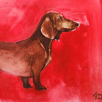 ציור של כלב תחש בצבעי מים-אמנות ישראלית-ציורי כלבים-ציור כלב נקניק-ציור בצבעי מים-אנה רדיס-ANNA RADIS ART