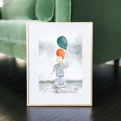 ציור ילד עם בלונים-אמנות ישראלית-ציורי מים-ציורים בצבעי מים-ציורי ילדים-ציורים לחדר בנים-אנה רדיס-ANNA RADIS ART
