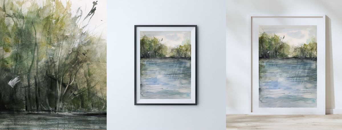 ציור אגם ועצים מקורי, צבעי מים על נייר - אנה רדיס -ANNA RADIS ART