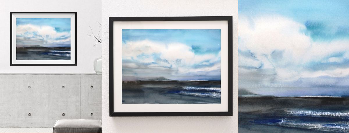 ציור ים ושמיים מקורי, צבעי מים על נייר - אנה רדיס -ANNA RADIS ART