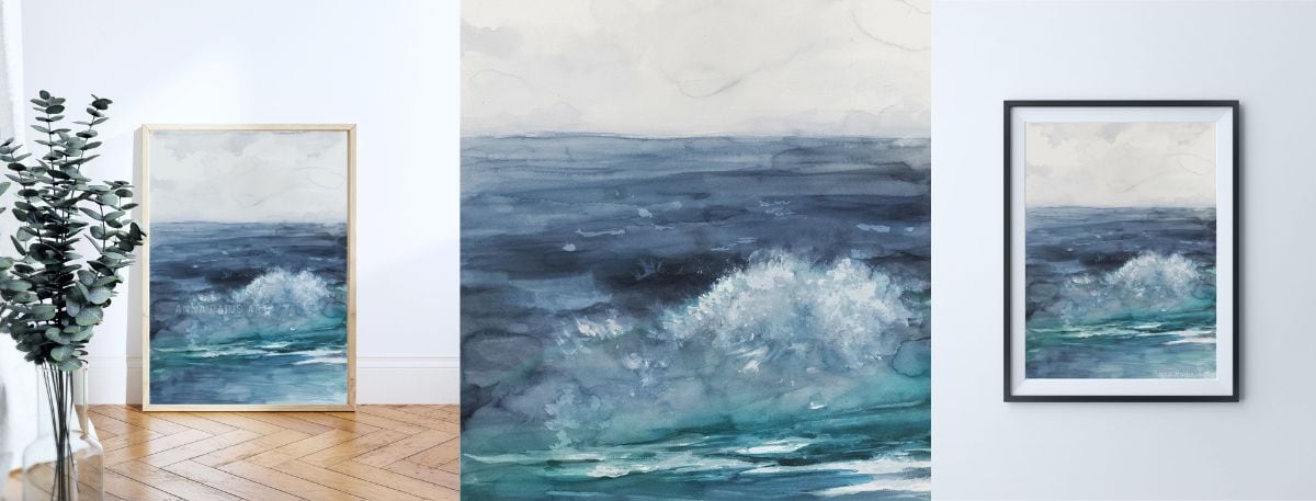ציור ים וגלים מקורי, צבעי מים על נייר - אנה רדיס -ANNA RADIS ART